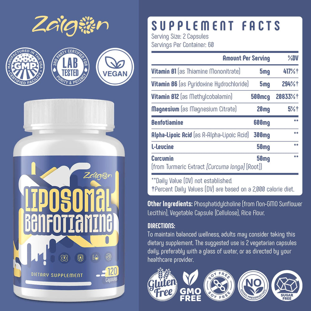 Hero shot of Zaigon Benfotiamine liposomal bottle