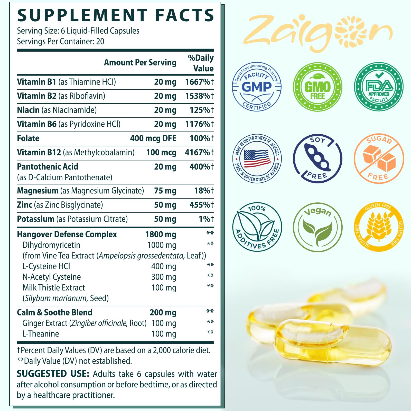 Close-up of Zaigon Hangover DHM capsules