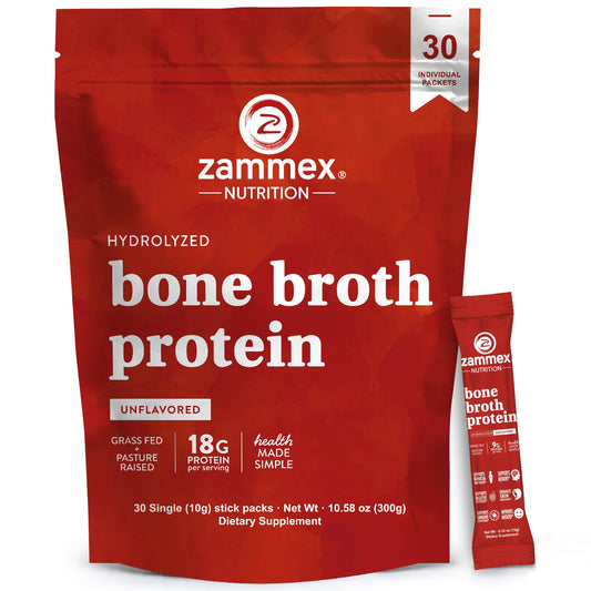 Zammex Bone Broth Packets label showing 20g collagen protein