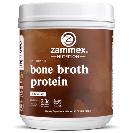Zammex Bone Broth Protein Powder canister in chocolate flavor