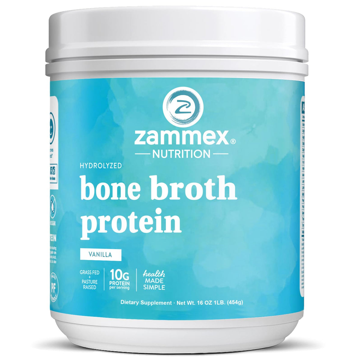 Container of Zammex Bone Broth Protein Powder Vanilla on countertop