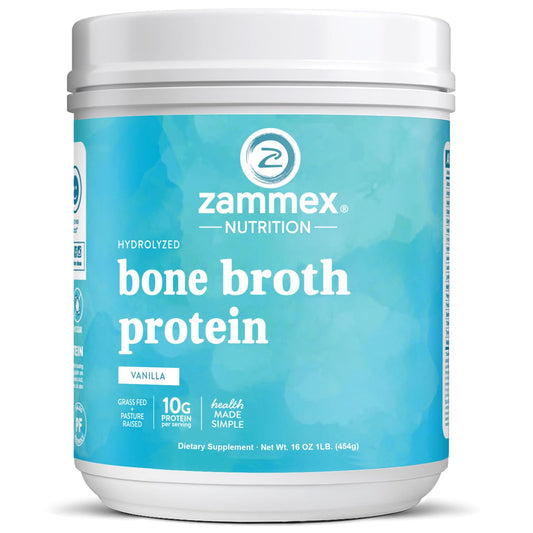 Container of Zammex Bone Broth Protein Powder Vanilla on countertop