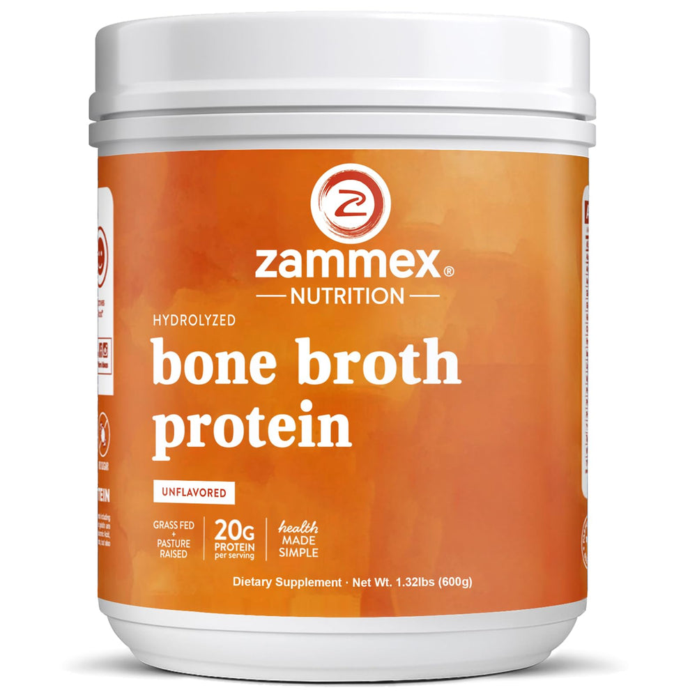 Front view of Zammex Pure Grass-Fed Beef Bone Broth Protein Powder container