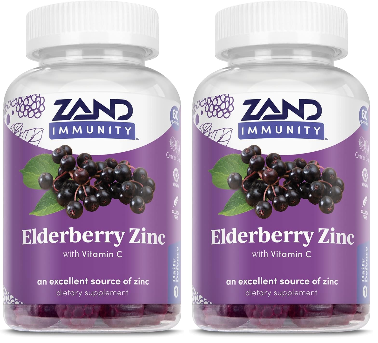 ZAND Elderberry Zinc Immunity Gummies bottle label showing 60 gummies per bottle in a 2-pack