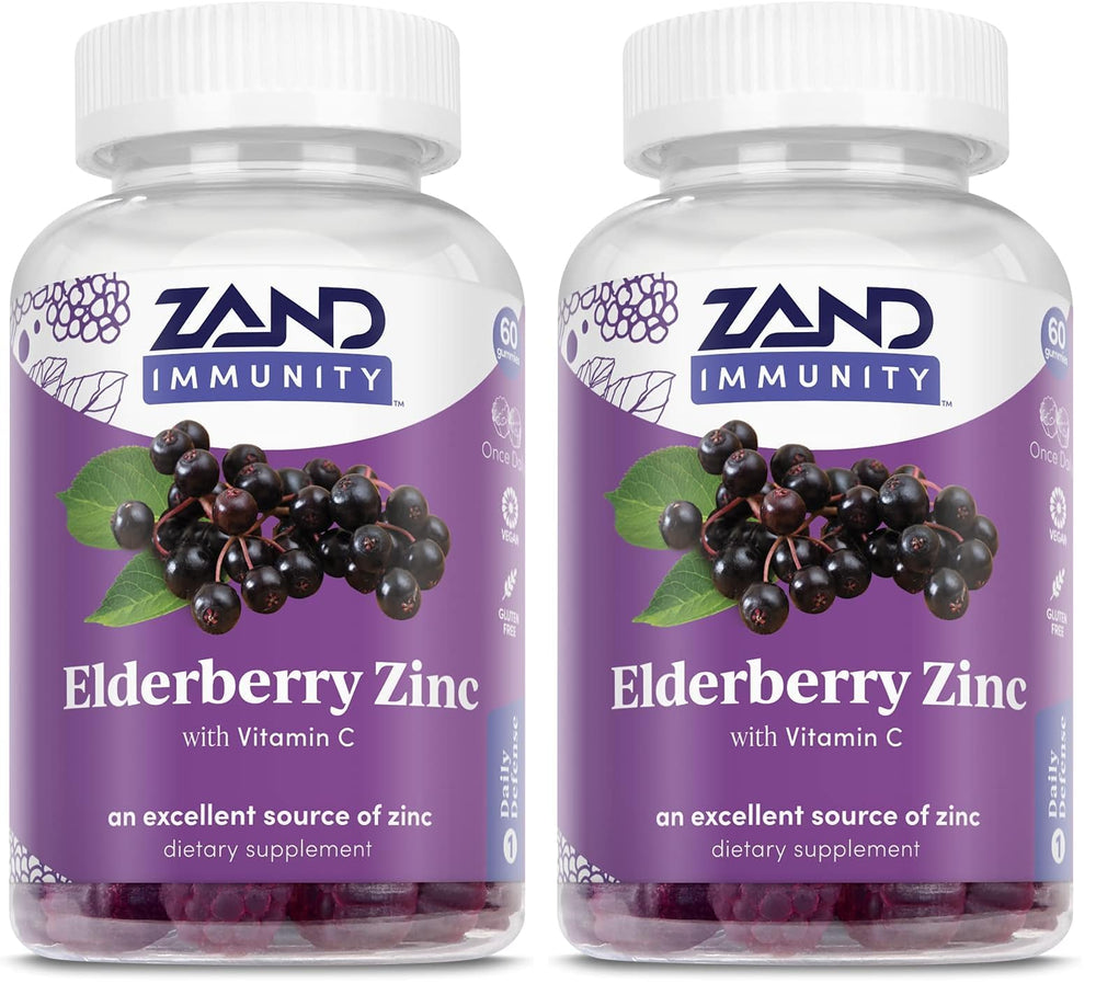 ZAND Elderberry Zinc Immunity Gummies bottle label showing 60 gummies per bottle in a 2-pack