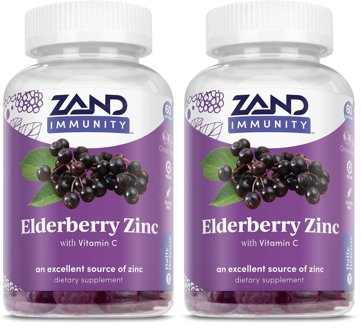 ZAND Elderberry Zinc Immunity Gummies bottle label showing 60 gummies per bottle in a 2-pack
