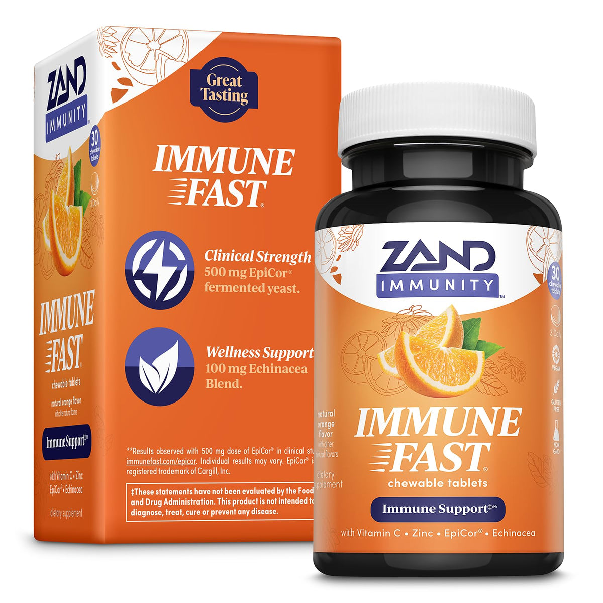 Front view of Zand Immune Fast Zesty Orange Chews bottle
