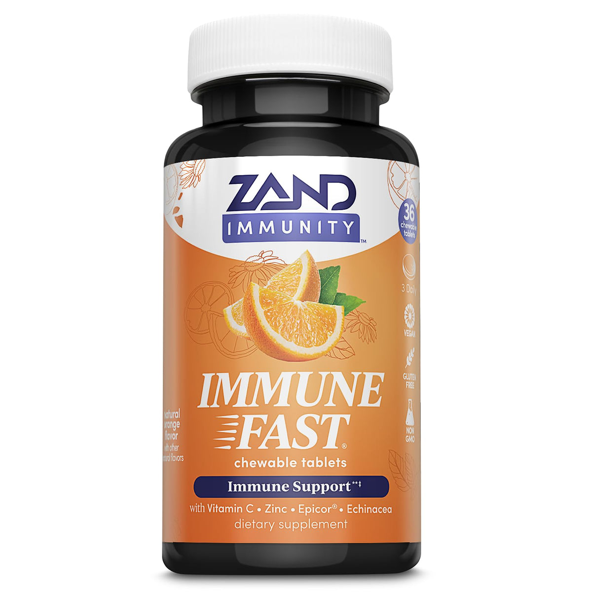 ZAND Immunity Immune Fast Zesty Orange chewables bottle on label