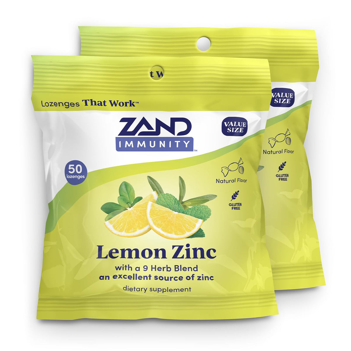 Front view of ZAND Immunity Lemon Zinc Throat Lozenges 2 Pack