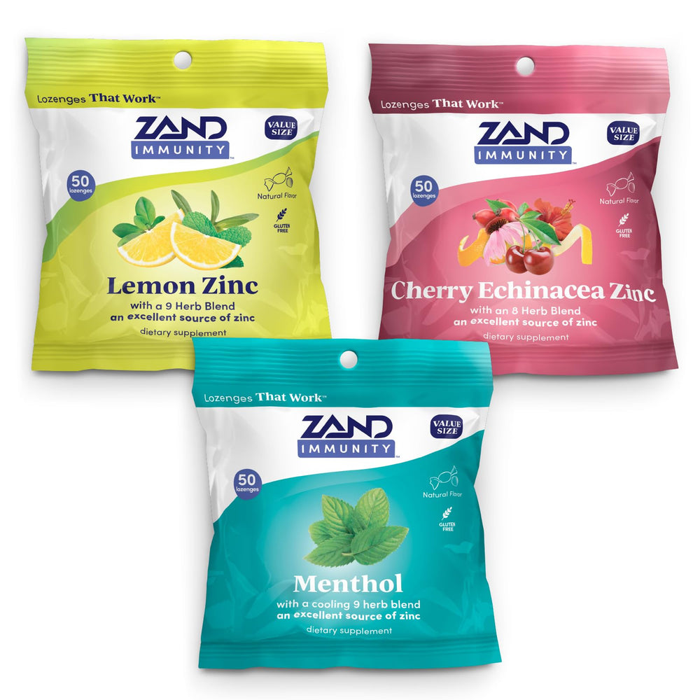 Front view of ZAND Immunity Variety 3 Pack Lemon Zinc lozenges