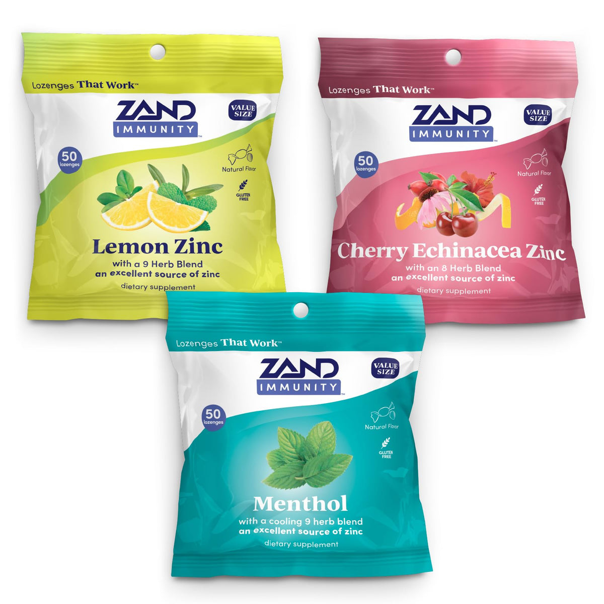 Front view of ZAND Immunity Variety 3 Pack Lemon Zinc lozenges