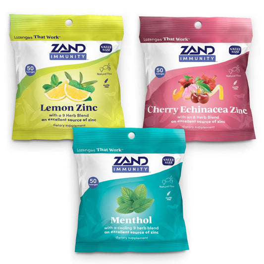 Front view of ZAND Immunity Variety 3 Pack Lemon Zinc lozenges