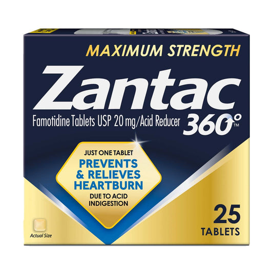 Zantac 360 maximum-strength tablets on a countertop signaling fast-acting relief