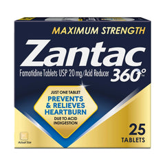 Zantac 360 maximum-strength tablets on a countertop signaling fast-acting relief