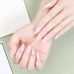 Close-up of ZANVIA iridescent pink glow almond nails sparkling in light
