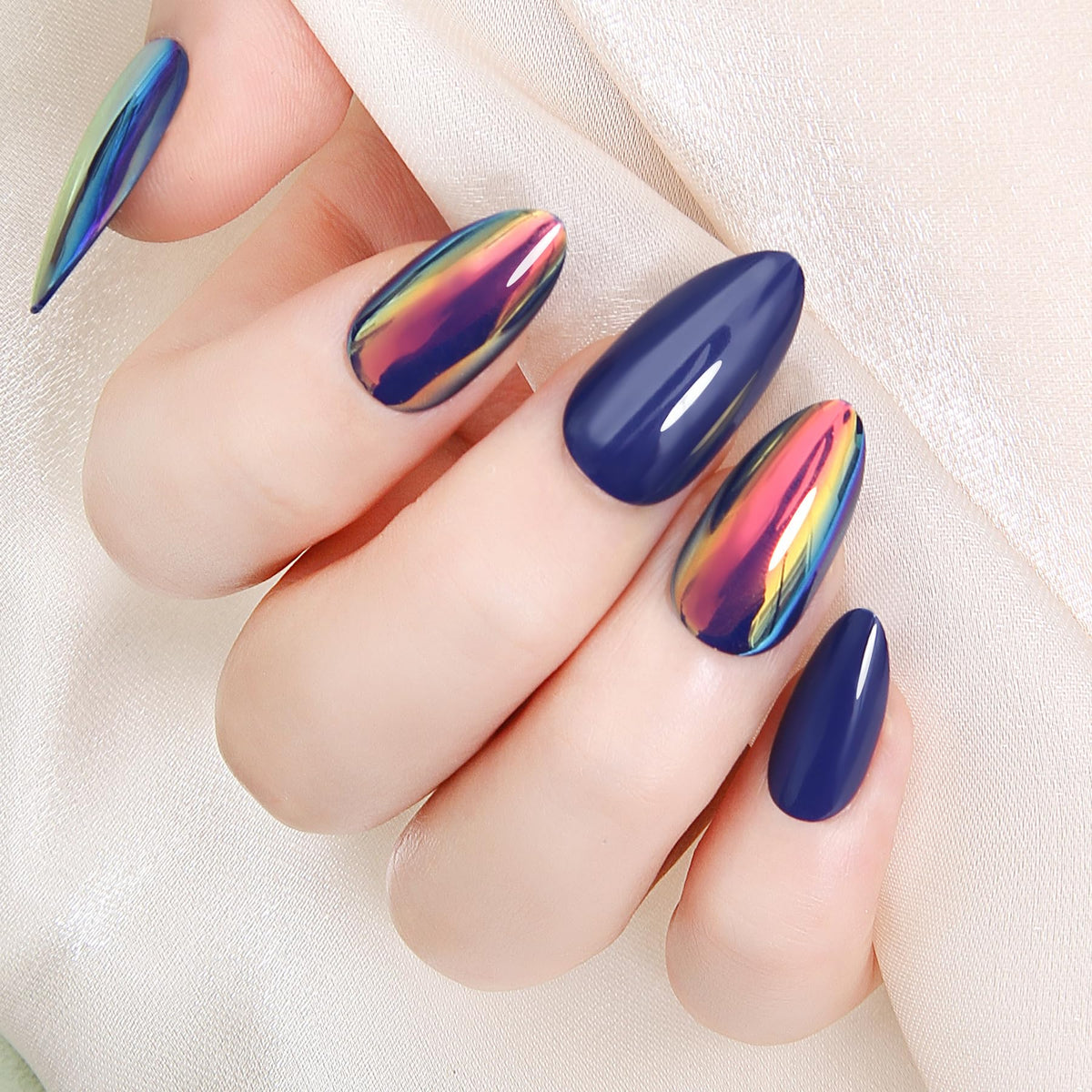 ZANVIA Blue Almond nails with iridescent glow for a glam event.