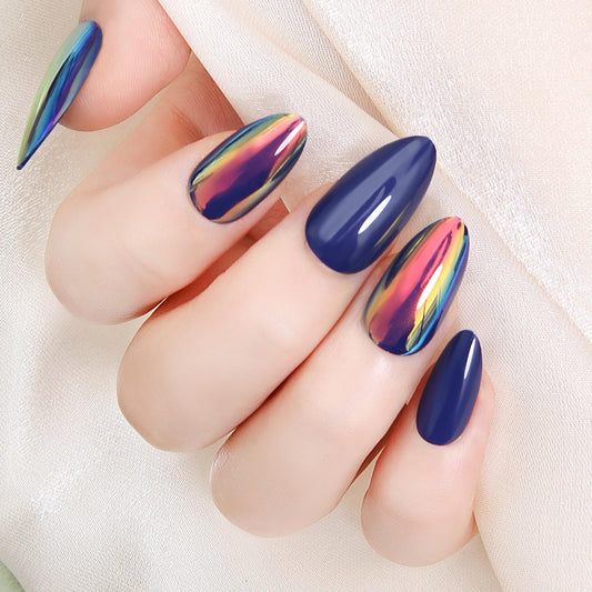 ZANVIA Blue Almond nails with iridescent glow for a glam event.