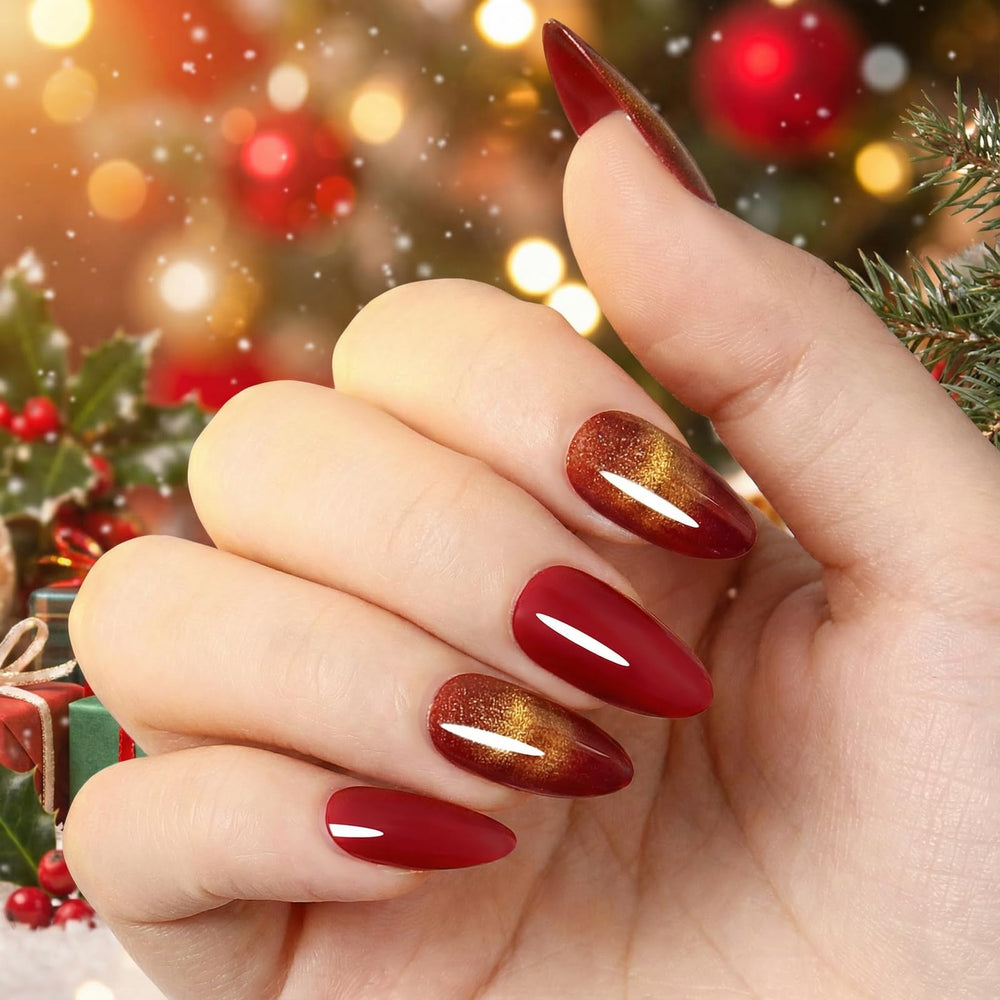ZANVIA cat-eye nails in hot red almond glitter close-up showing shimmering finish.