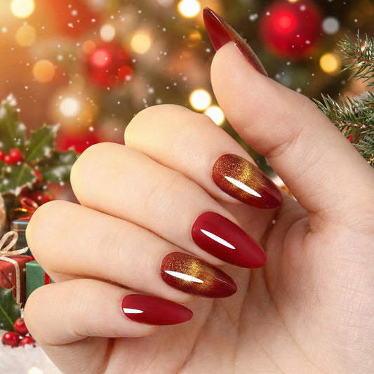 ZANVIA cat-eye nails in hot red almond glitter close-up showing shimmering finish.