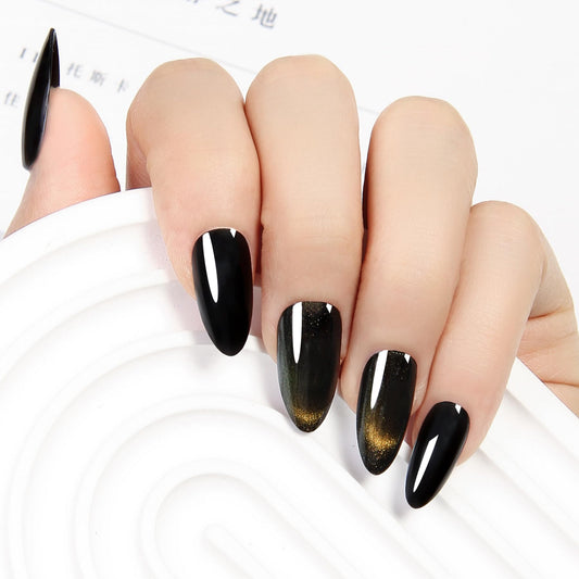 ZANVIA Glue On Nails Almond Black Goth Cat Eye shimmer for photo-ready glam