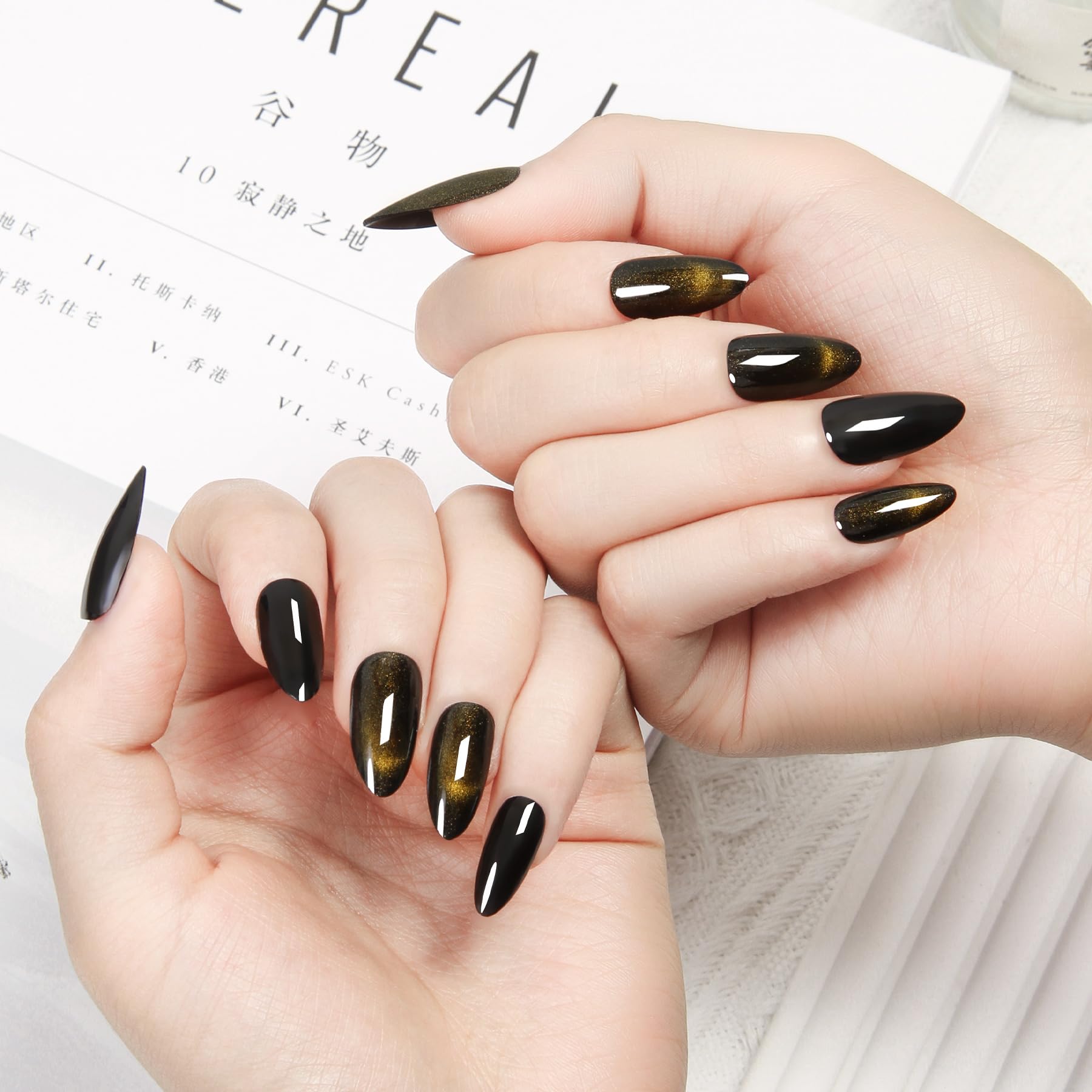 ZANVIA Almond Black Goth nails show cat-eye glow for dramatic events