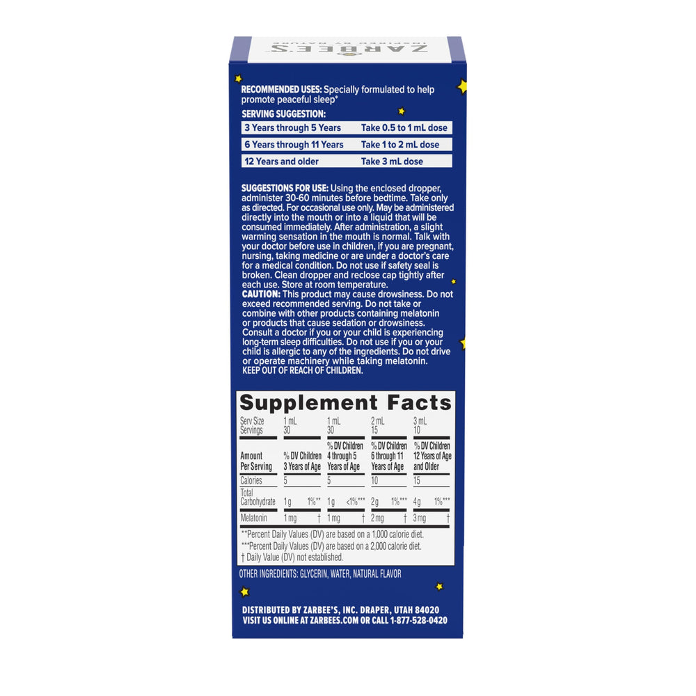 Close-up of Zarbee's Kids Melatonin Liquid bottle with dropper