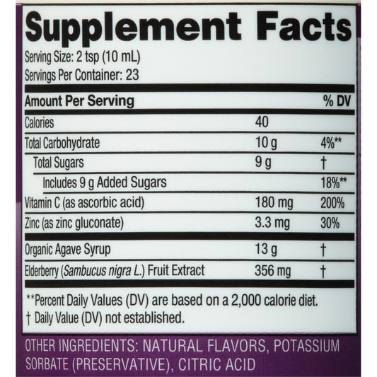 Back label of Zarbee's Daily Immune Support elderberry liquid bottle