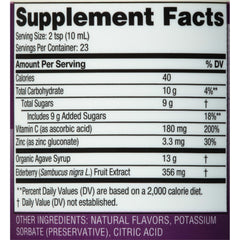 Back label of Zarbee's Daily Immune Support elderberry liquid bottle