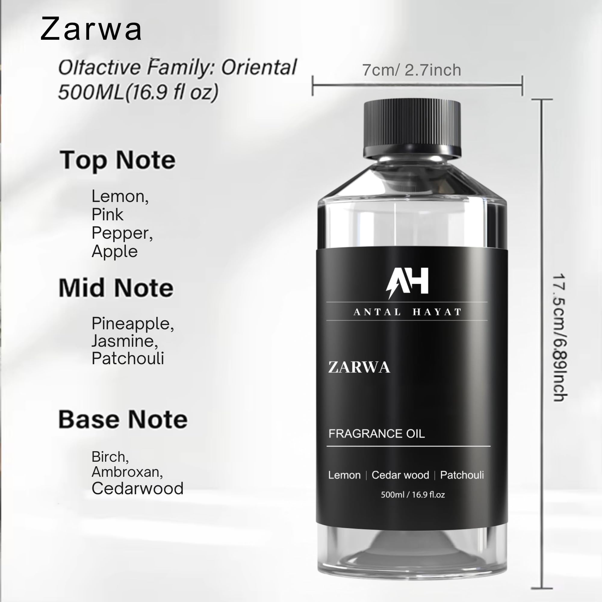 Close-up of Zarwa diffuser oil bottle showing 500ml size