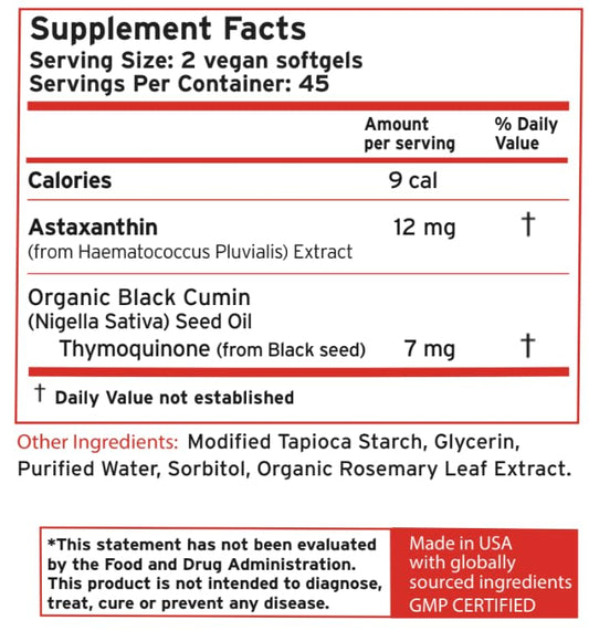 Product label showing Zatik Naturals Astaxanthin 12mg Organic Black Seed