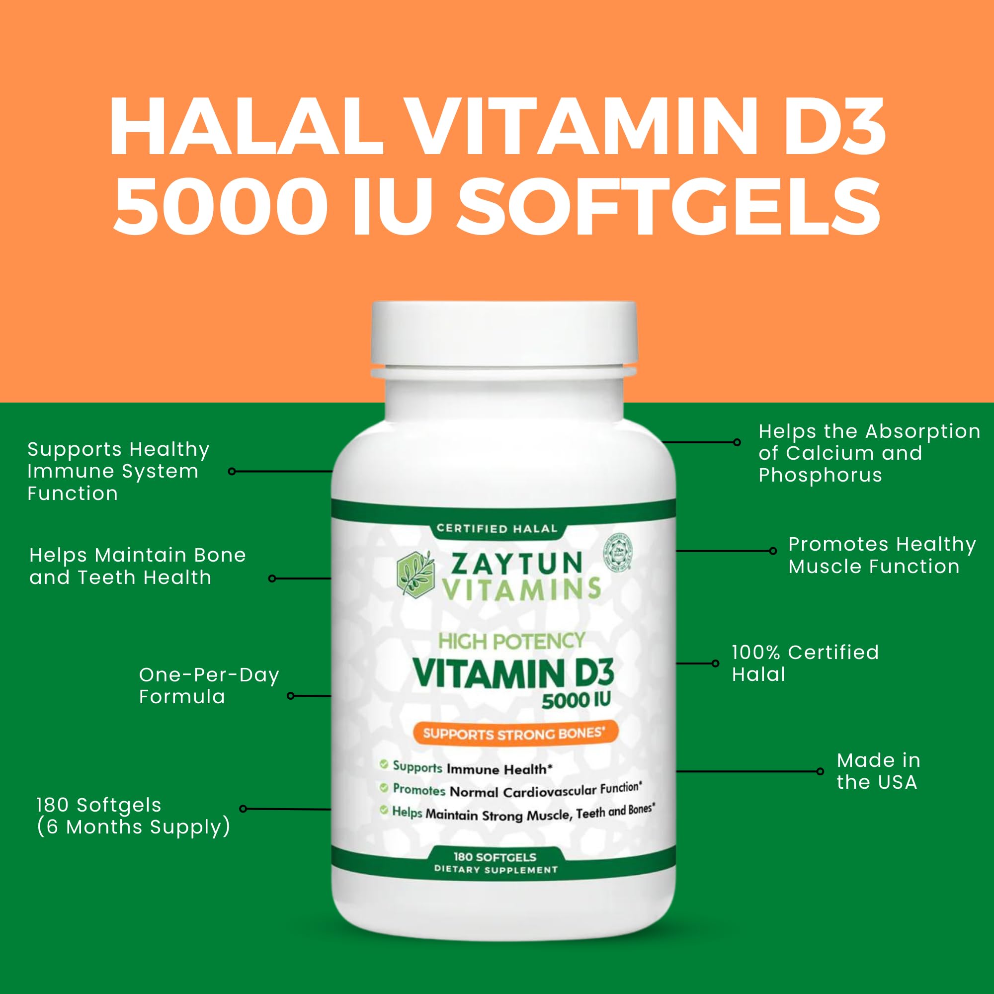 Made in USA label for Zaytun Vitamin D3 5000 IU