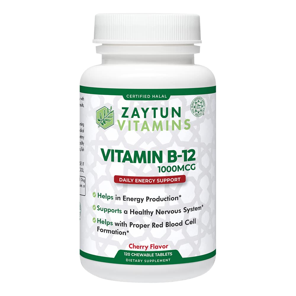 Bottle of Zaytun Halal Vitamin B12 1000mcg cherry-flavored chewable tablets