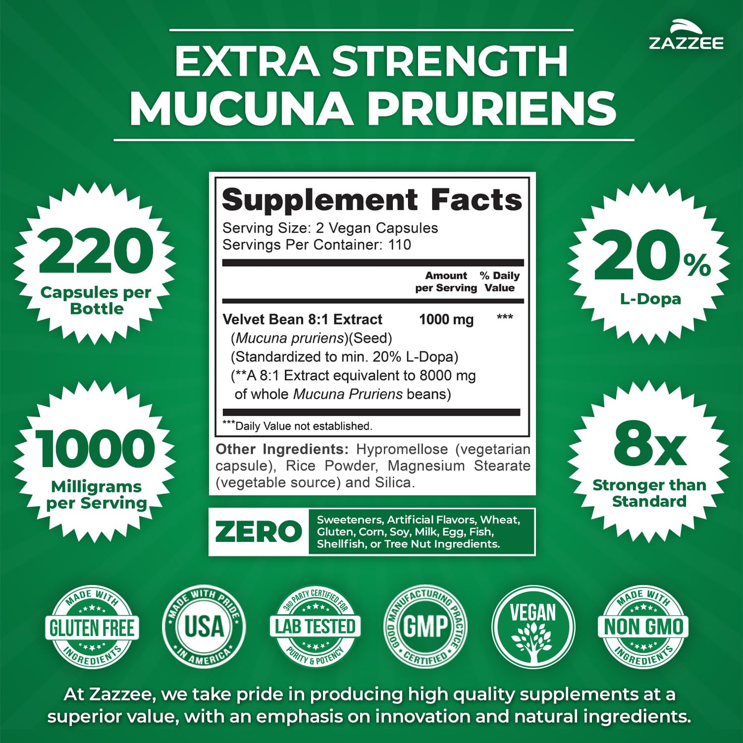 Illustration showing 1000 mg per serving of Mucuna Pruriens extract