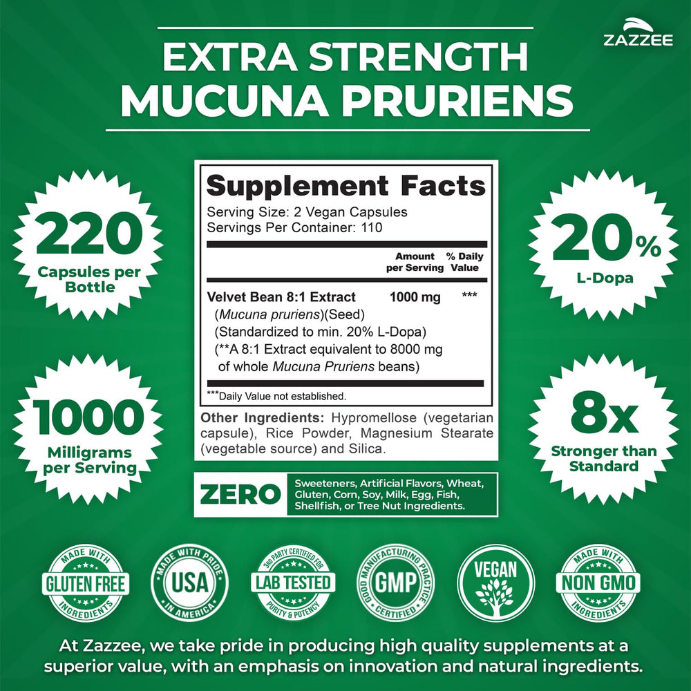 Illustration showing 1000 mg per serving of Mucuna Pruriens extract