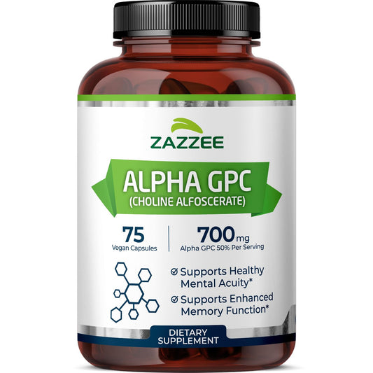 Zazzee Alpha GPC Choline 700 mg per serving bottle with 75 vegan capsules
