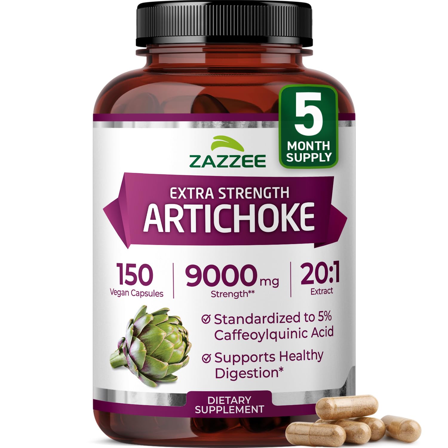 Zazzee Artichoke Extract bottle with 150 vegan capsules