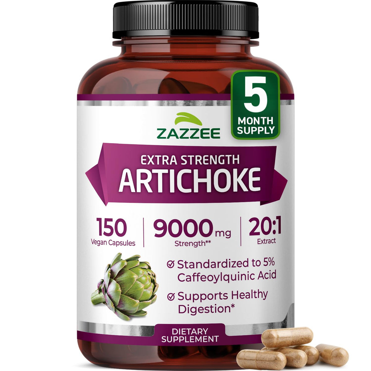 Zazzee Artichoke Extract bottle with 150 vegan capsules