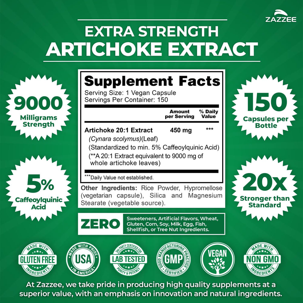 Close-up of Artichoke Extract capsules showing 9000 mg strength