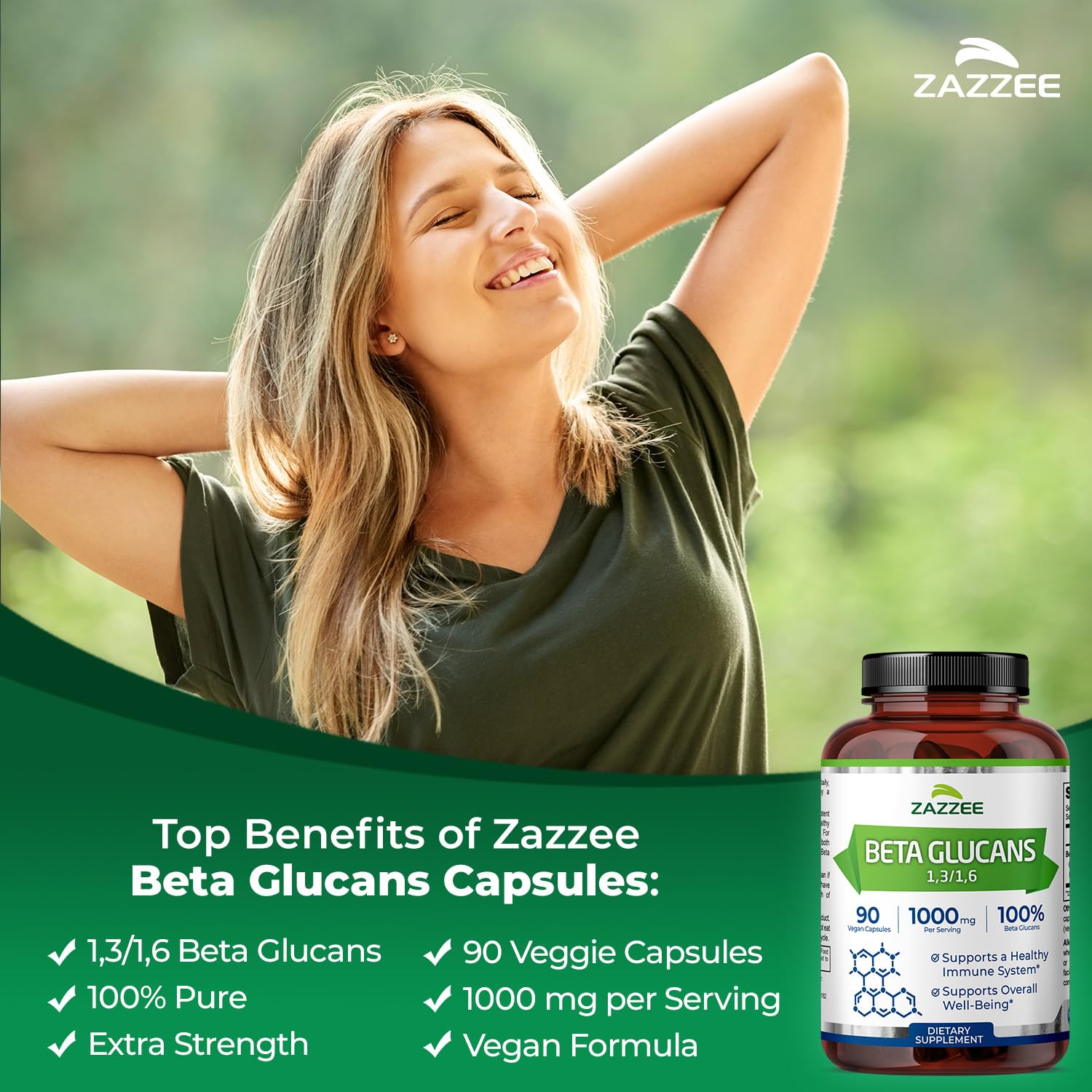 Bottle label showing 1000 mg Beta Glucans and 90 capsules