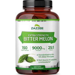 Bottle of Zazzee Extra Strength Bitter Melon 25:1 Extract with 9000 mg per capsule