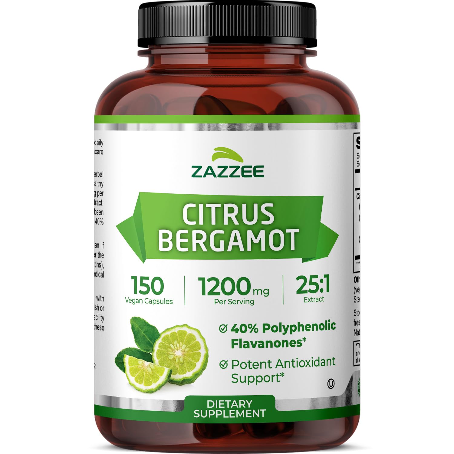 Zazzee Citrus Bergamot 25:1 extract bottle showing 1200 mg per serving