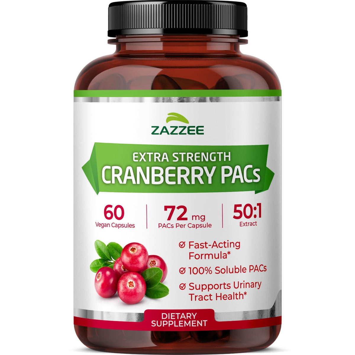 Zazzee Cranberry PACs bottle front label showing 72 mg PACs per capsule