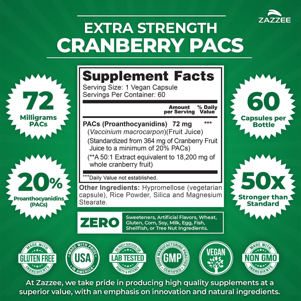 Close-up of Cranberry PACs capsule showing 72 mg per capsule
