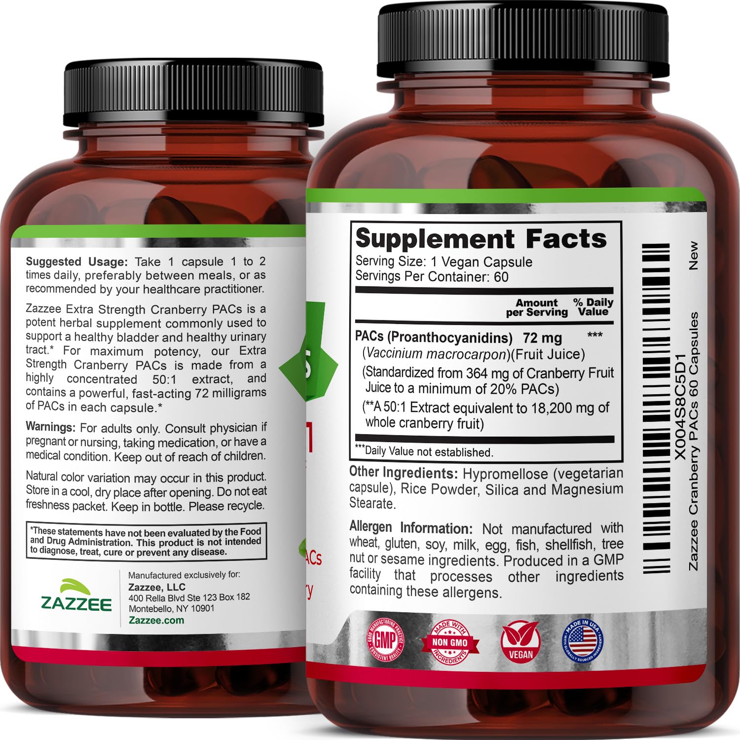Retail display shot of Zazzee Cranberry PACs bottle
