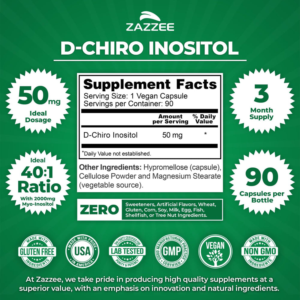 Zazzee D-Chiro-Inositol 50 mg per Capsule | 90 Vegan Capsules | 40:1 R ...