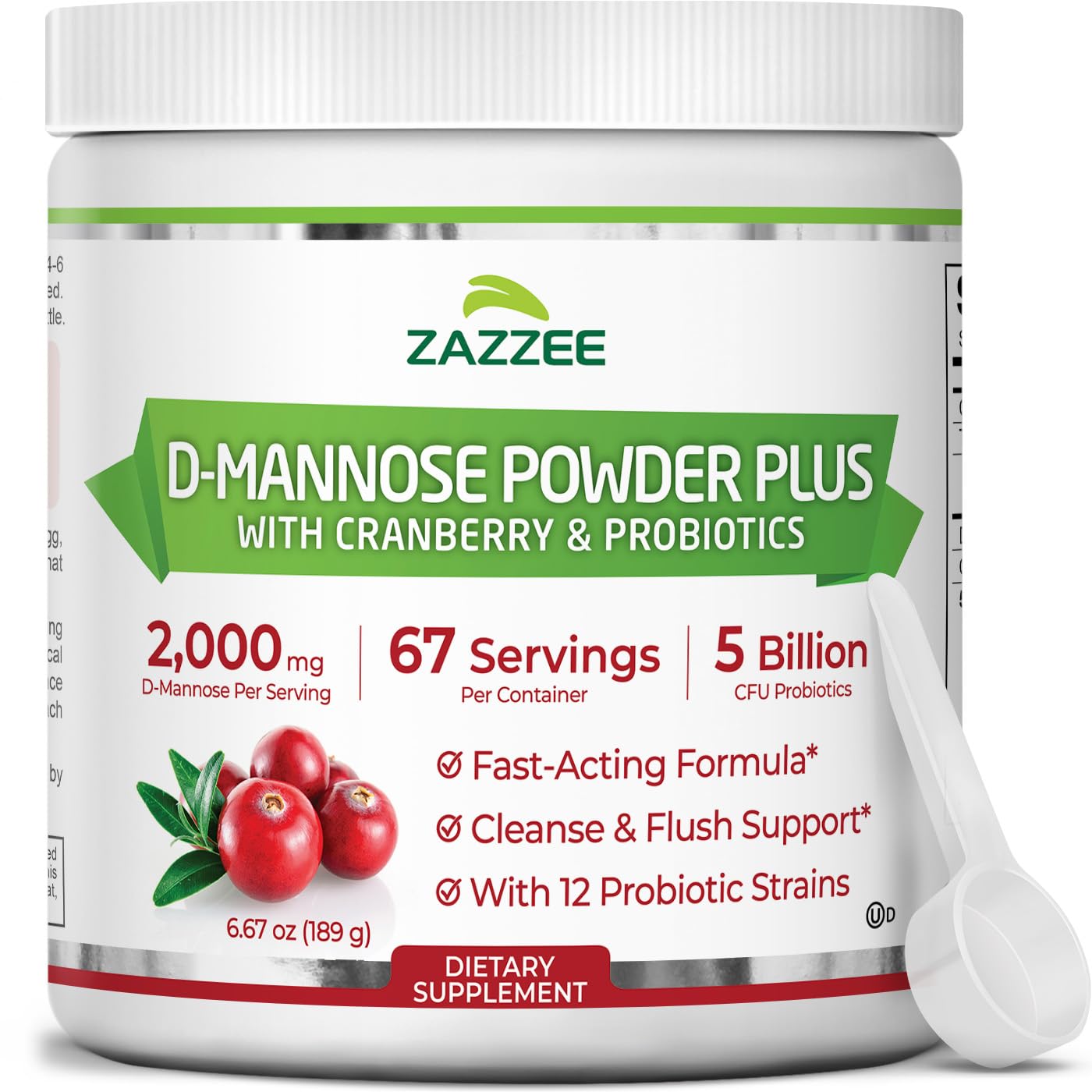 Zazzee D-Mannose Powder Plus bottle for easy daily urinary tract support.