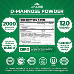 Zazzee D-Mannose Powder Plus cranberry extract label highlights added natural support