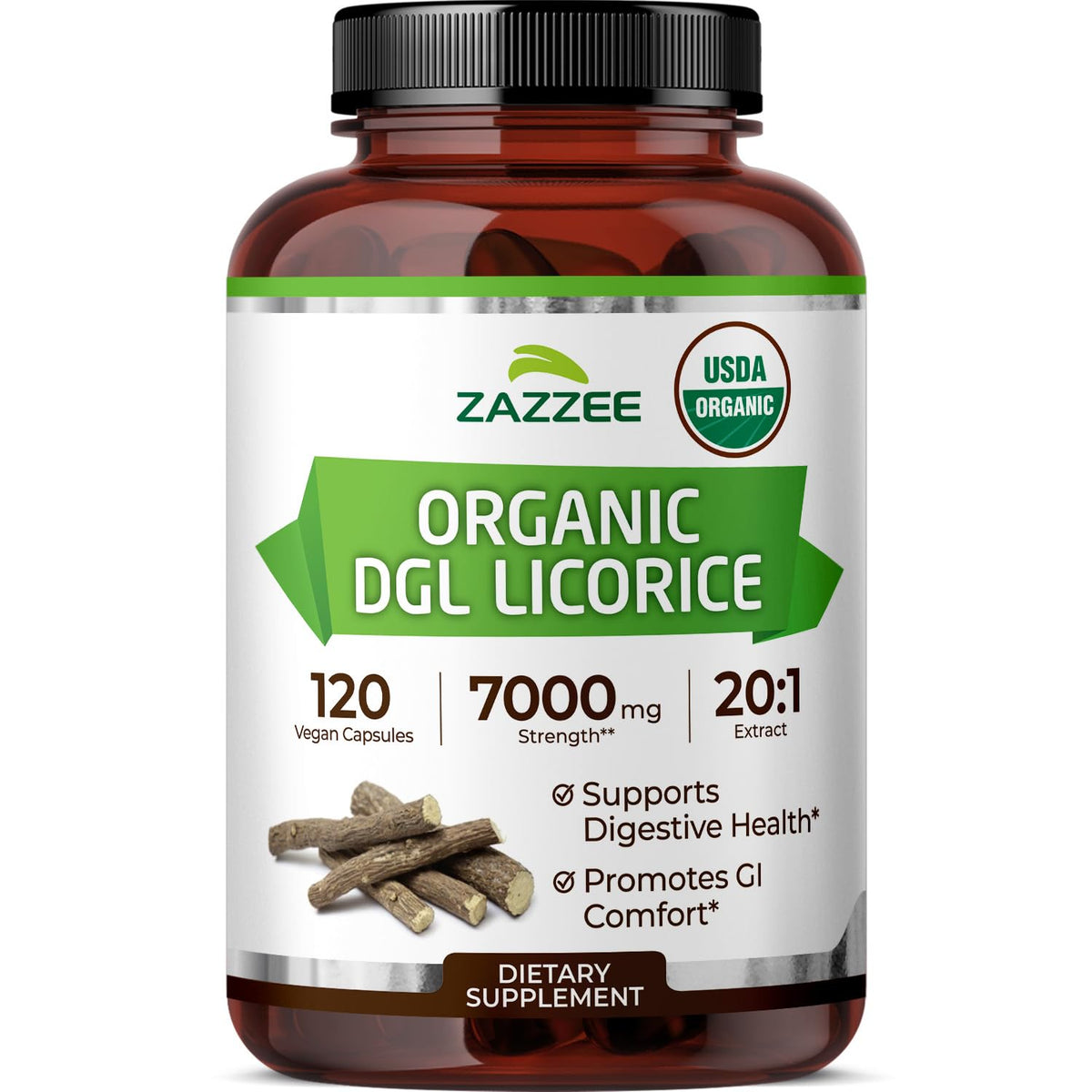 Front view of Zazzee Organic DGL Licorice bottle