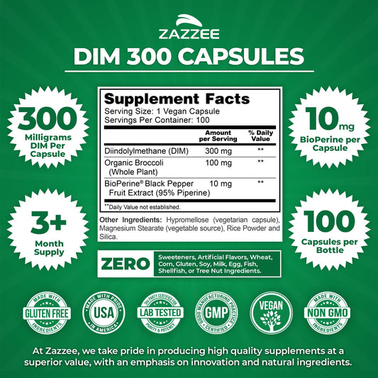 Zazzee DIM 300mg bottle packaging on shelf suggests a 100-count value and long supply