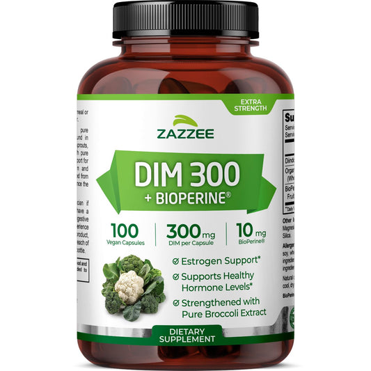 Zazzee DIM 300mg capsule closeup showing a potent vegan supplement for hormonal support